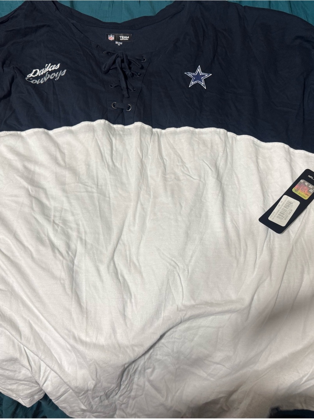 Women’s NFL Dallas Cowboys Lace-Up Colorblock long  Sleeve Shirt - Navy & White